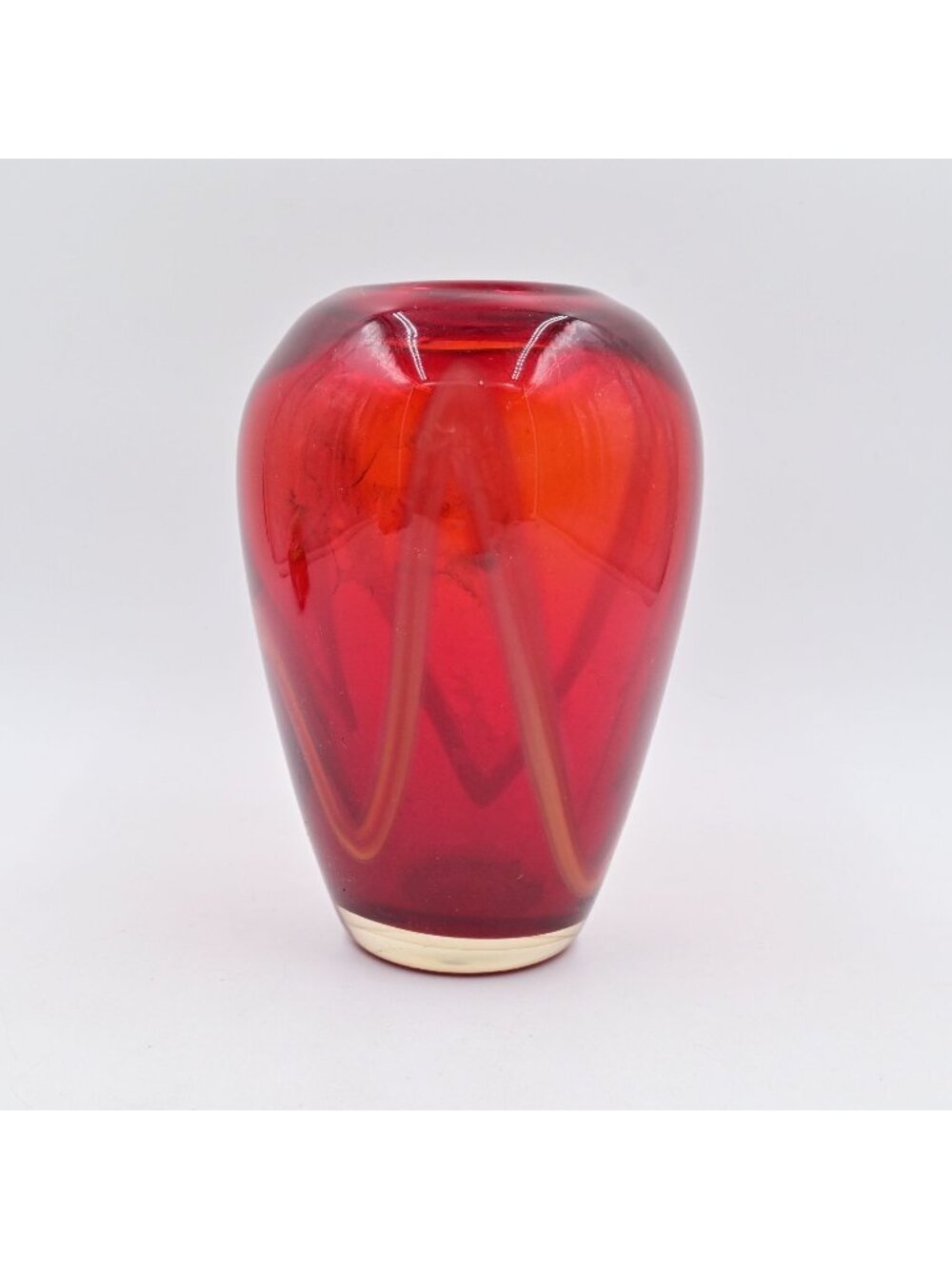 Red Hand Blown Art Glass Vase With White Swirl Pattern 8" Tall Vintage